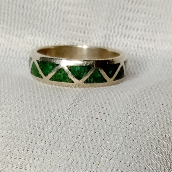 Malachite Gemstone Inlay Sterling Silver Unisex Band Sz 11 - Picture 5 of 10
